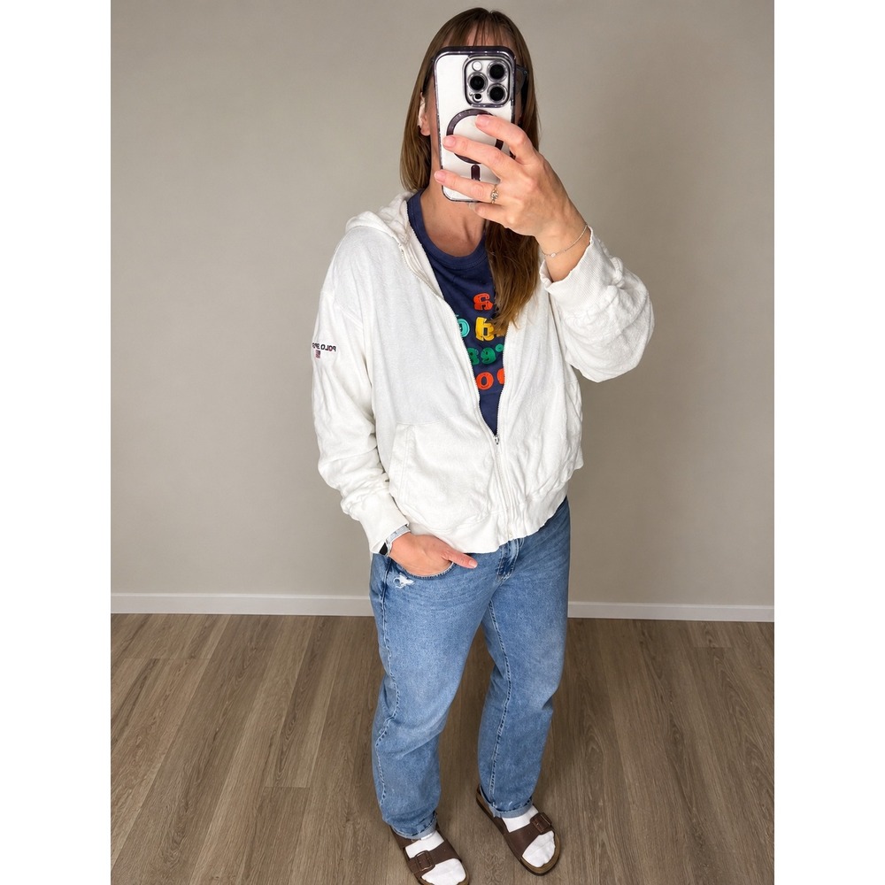 Ralph Lauren M Hoodie Vintage 90s Polo Sport Cotton Terry Cloth White Logo